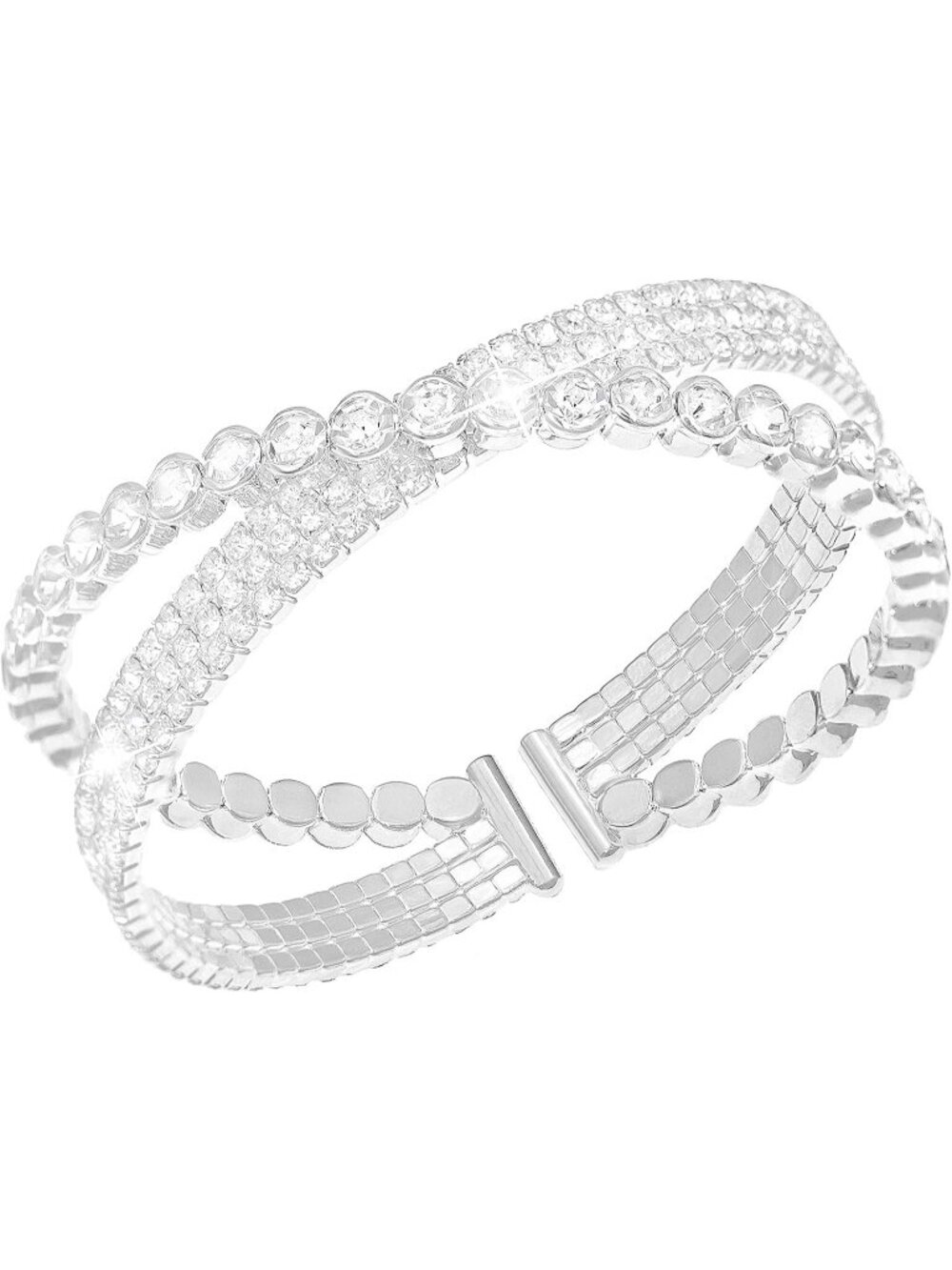 Women's Silver Rhinestone Multilayer Cuff Crystal Bridal Statement Bracelets